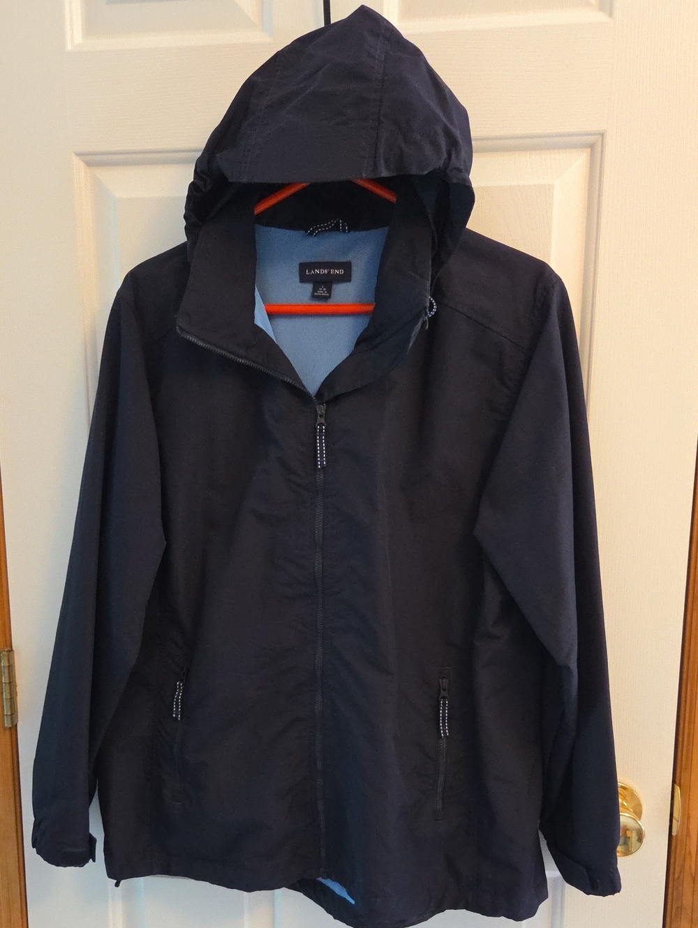 Lands' End Womens Dark Navy Hooded Rain Jacket Size L 14-16 Exc Cond
